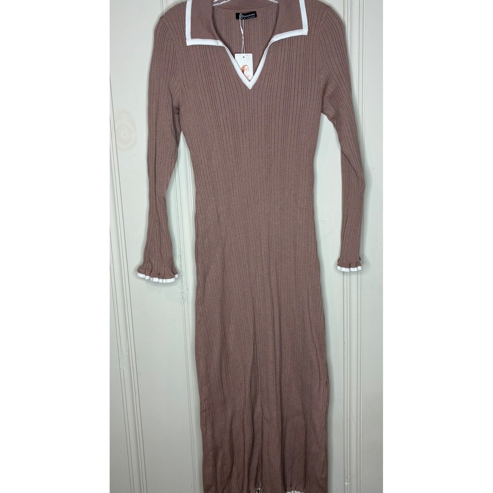 NWT PrettyGarden Ribbed Sweater Dress M Ruffle Midi Preppy Indie Autumn *note